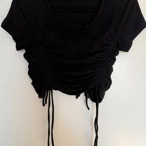 Free People Black Ribbed Ruched Drawstring Top